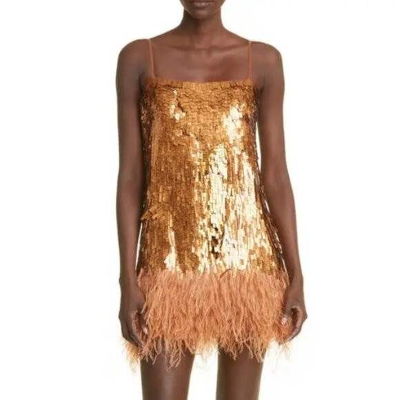 NWT Johanna Ortiz Chemical Attraction Metallic Feather Trim Minidress Gold Sz 10 - Picture 2 of 15